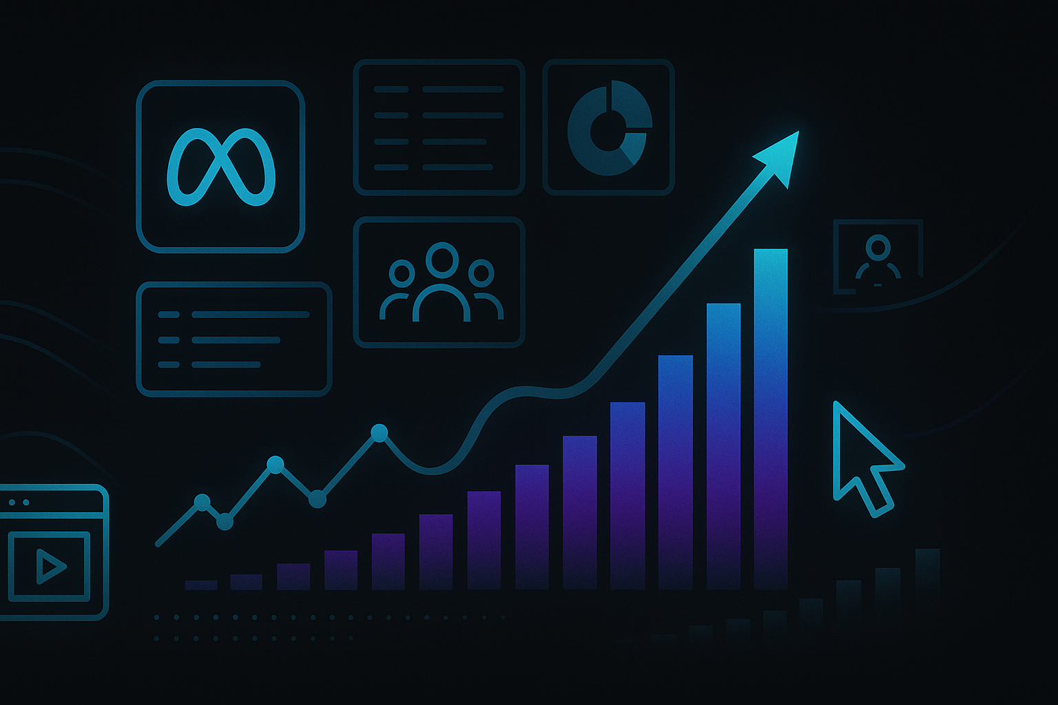 Fondo con gráficos de analíticas de Meta Ads y métricas de rendimiento
