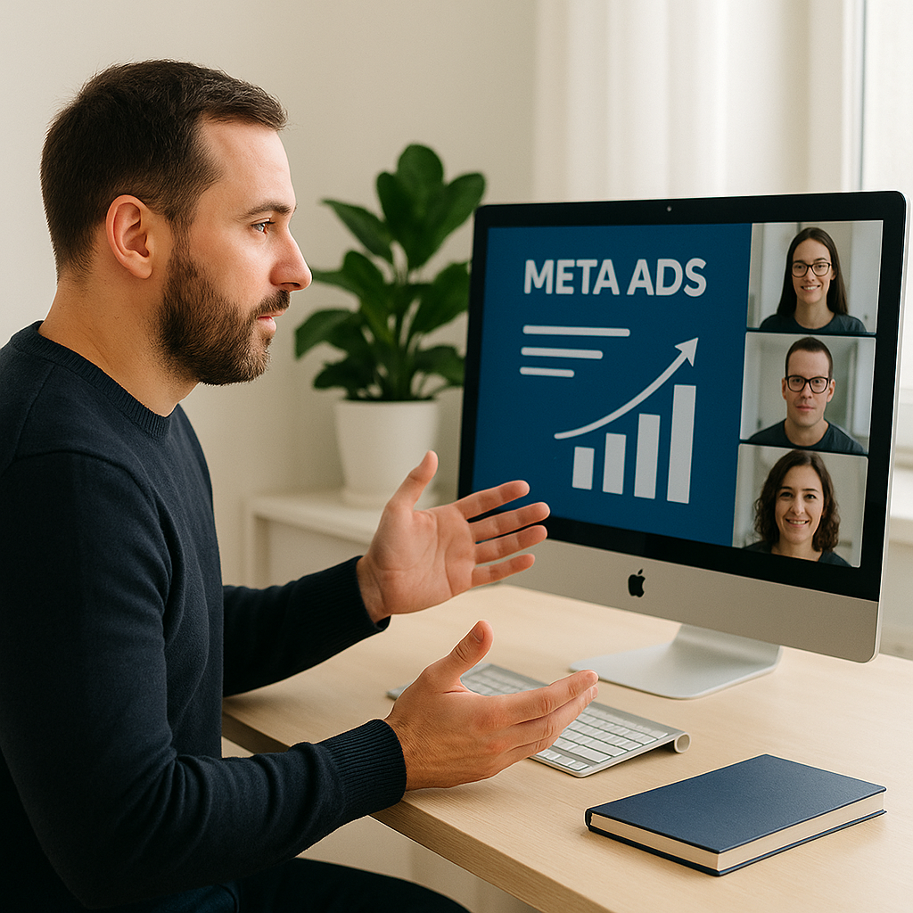 Sesión de mentoría en vivo mostrando mentor explicando estrategias de Meta Ads